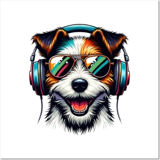 Parson Russell Terrier as Smiling DJ with Headphones and Sunglasses Posters and Art